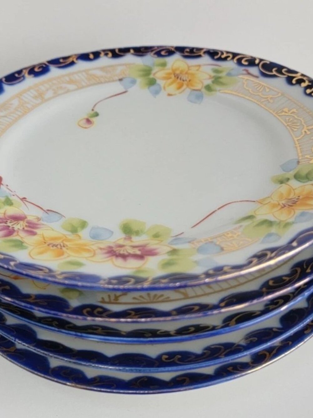 Dessert plates Set of 5, 6" made in Japan Cobalt blue & gold trim yellow flowers